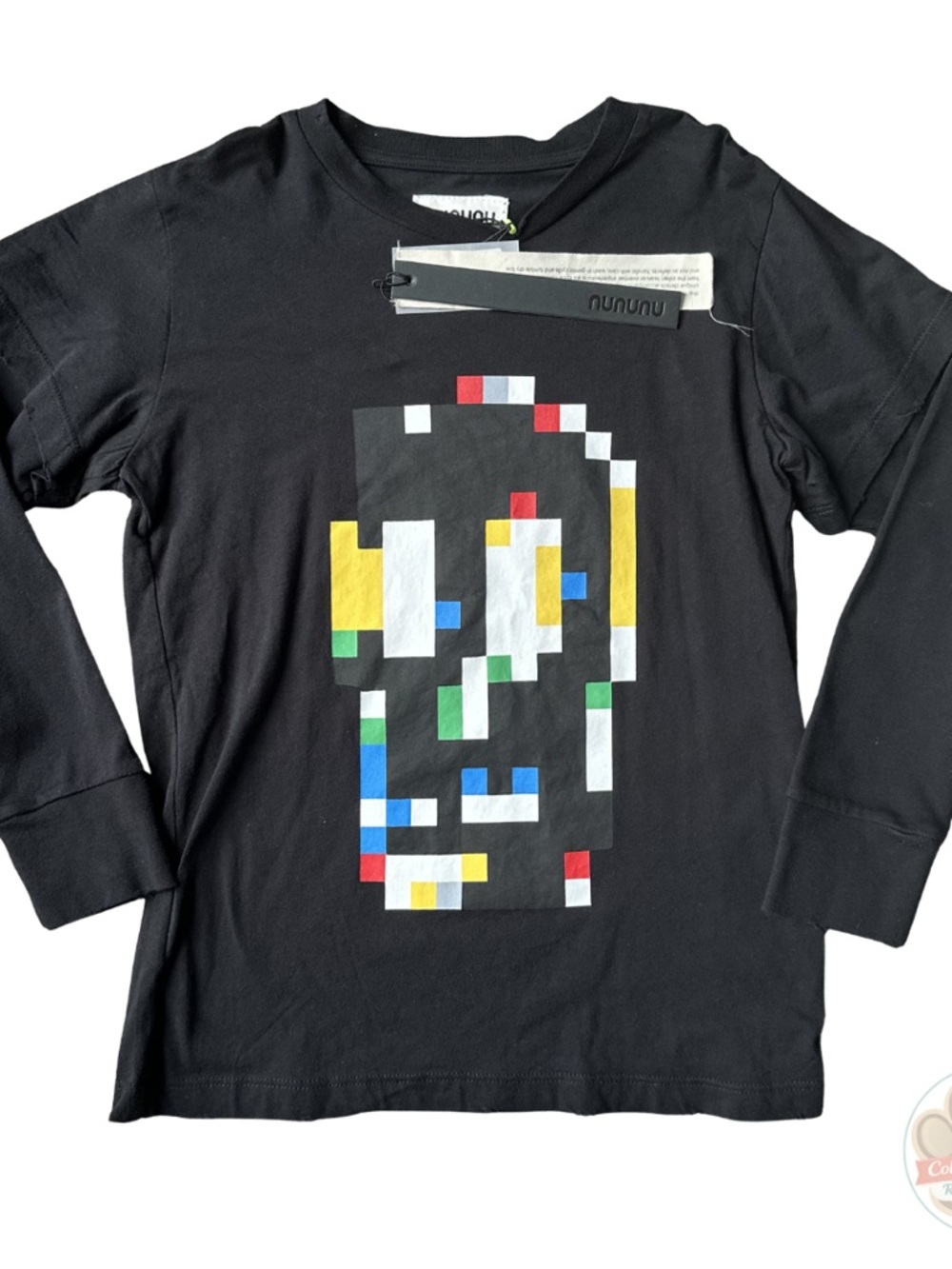 nununu - Black Long Sleeve Tee with Colorful Pixel Scull Face